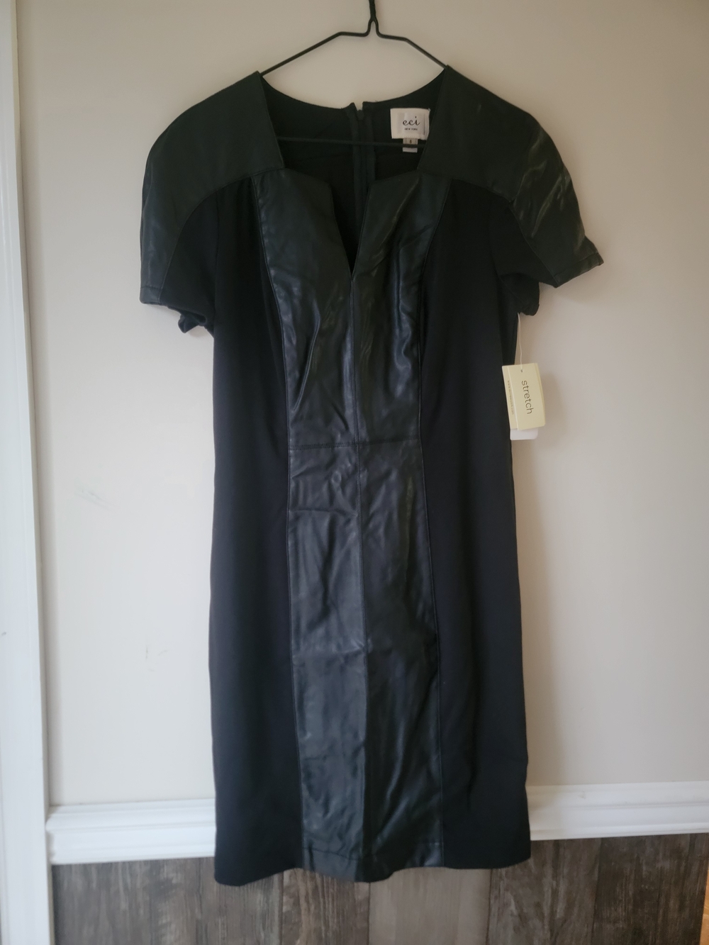 ECI Black Faux-Leather Panel Sheath Dress